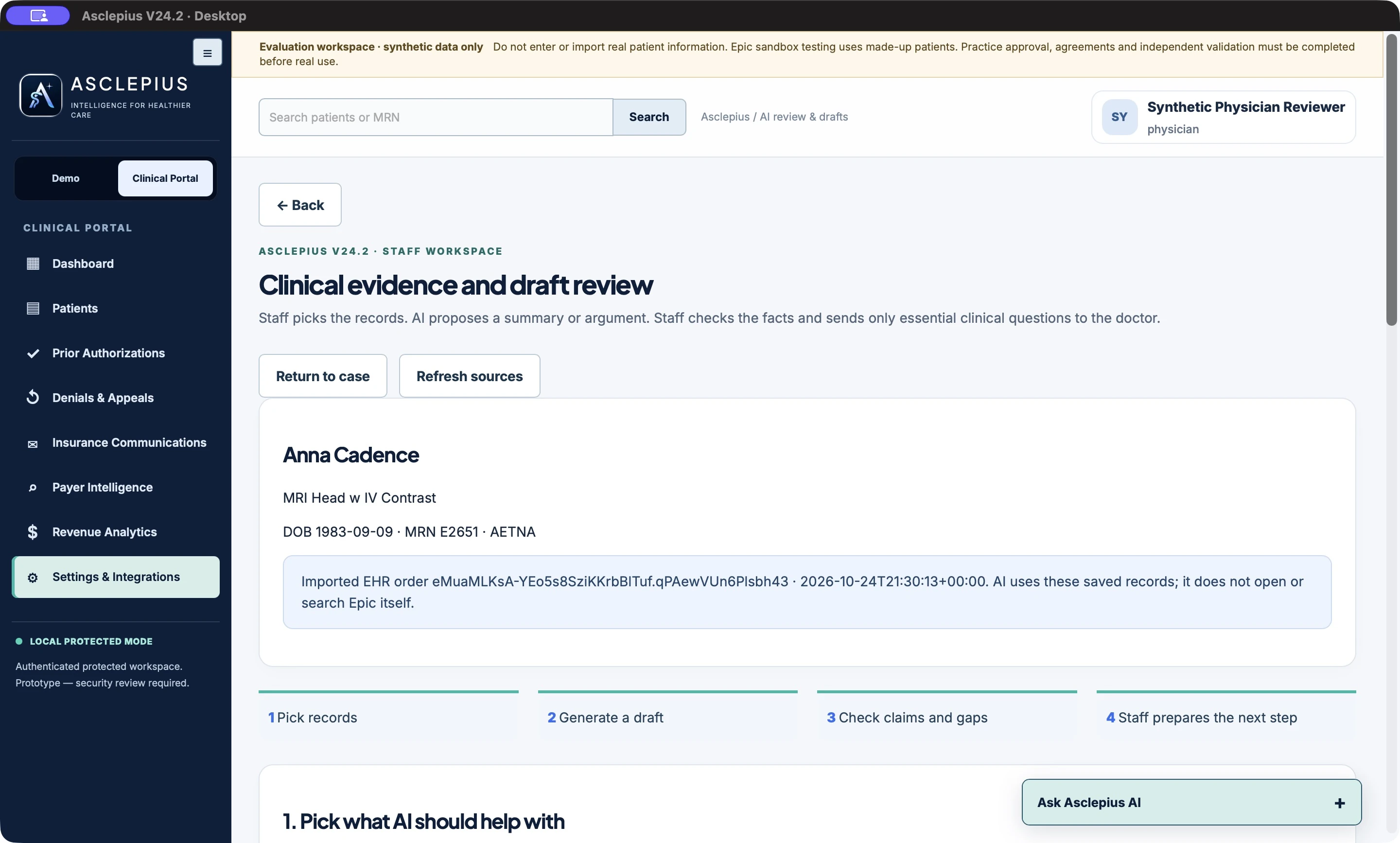 Actual clinical evidence and draft review workspace with a fictional Epic sandbox patient.