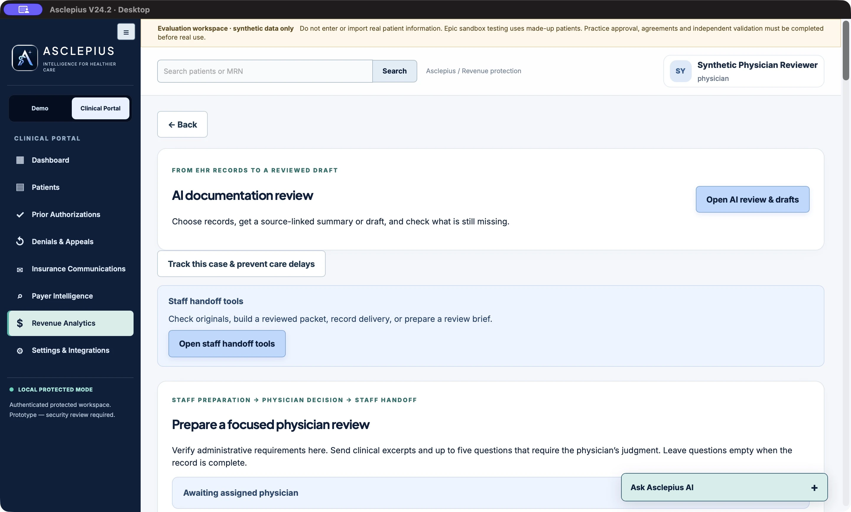 Actual desktop case preparation workspace showing clinical review and handoff tools with fictional data.