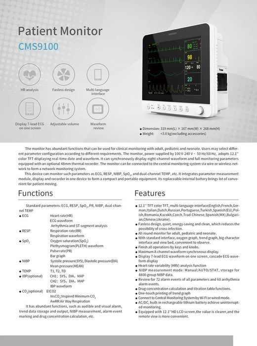 CONTEC CMS9100 patient monitor ECG, RESP, SpO2, PR, NIBP 12.1'' color TFT LCD Screen - Asclepius