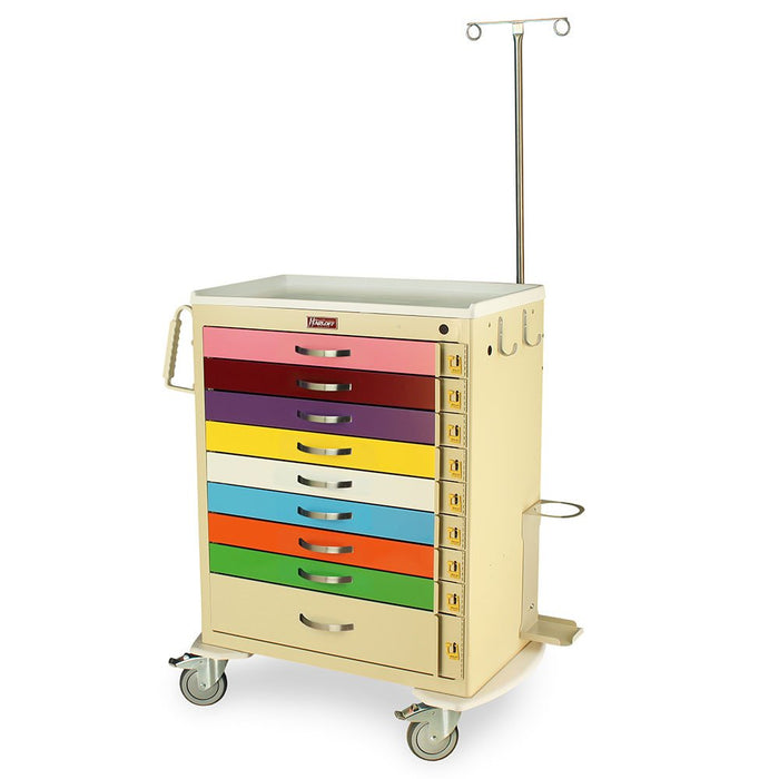 Harloff M - Series Tall Pediatric Emergency Cart, Standard Width, Nine Drawer with Individual Breakaway Locks, EMG Accessory Package - Asclepius