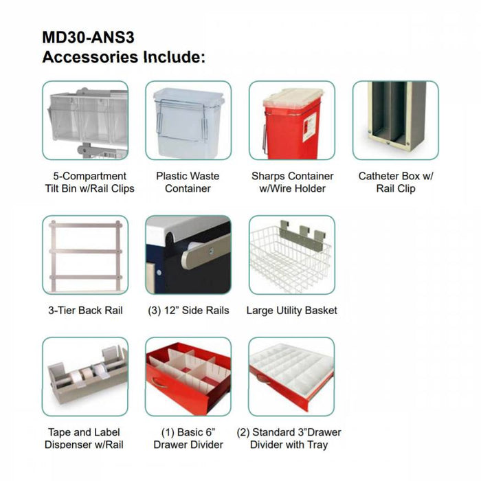 M - Series Tall Anesthesia Cart - Standard Width, 6 Drawers, E - Lock, MD30 - ANS3 Package - Asclepius