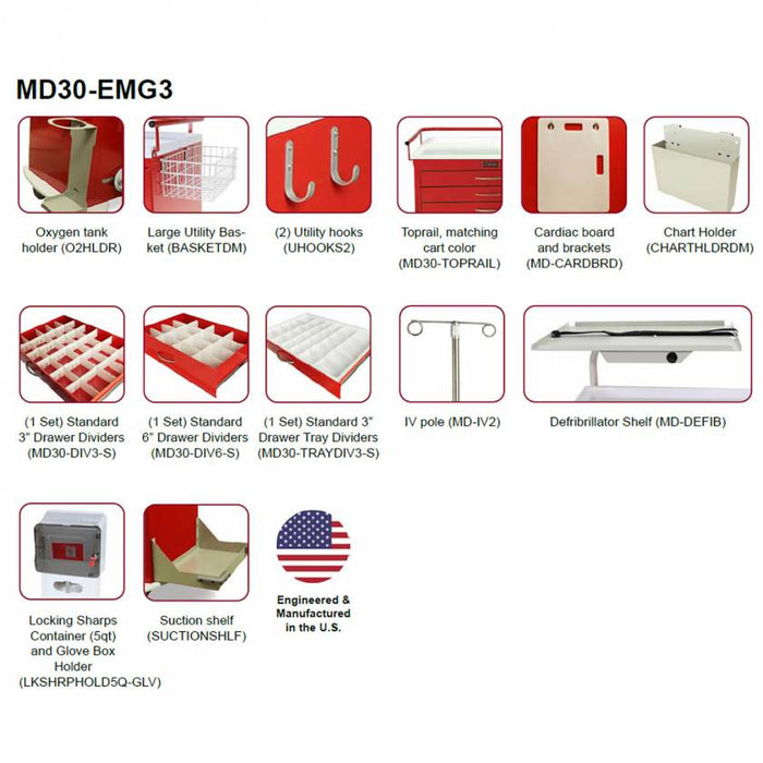 M - Series Tall Emergency Crash Cart with MD30 - EMG3 Super Stat Package - Six Drawers, Breakaway Lock, Standard Width, Model MDS3030B06+MD30 - EMG3 - Asclepius